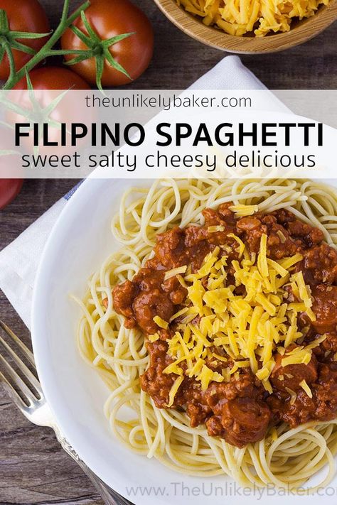 Filipino style spaghetti is unlike any spaghetti you’ve had before. It’s sweet, made with banana ketchup, topped with a mountain of sharp cheddar cheese and has hotdogs! #easyrecipe #spaghetti #pasta #filipinofood Filipino Spaghetti Recipe, Filipino Merienda, Filipino Style Spaghetti, Filipino Spaghetti, Sweet Spaghetti, Banana Ketchup, Easy Filipino Recipes, Cheesy Pasta Recipes, Cravings Recipes