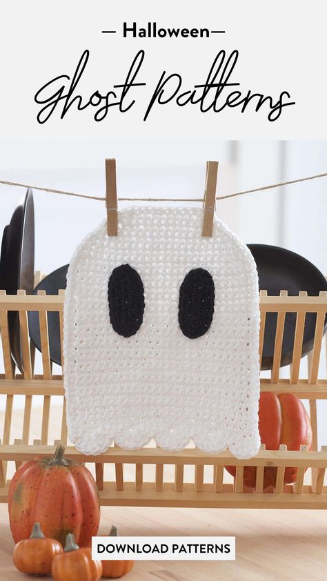 Free crochet ghost patterns and free knit ghost patterns. Creating ghost-themed crochet and knit Halloween decor is a fun and festive way to celebrate the holiday! Perfect patterns for your favorite hobby. Crochet Ghost Dishcloth, Crochet Ghost Wall Hanging, Loom Knit Ghost, Crochet Ghost Applique, Crochet Ghost Pattern Free, Knit Ghost, Halloween Knitting Patterns Free, Crochet Ghosts, Ghost Crochet Pattern