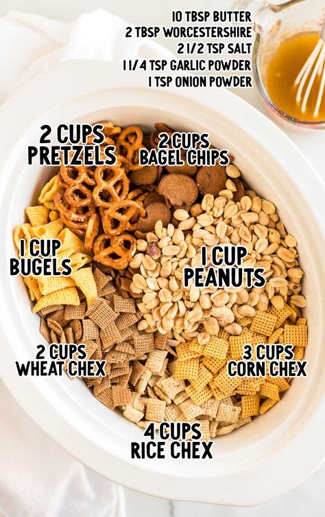 Crockpot Chex Mix raw ingredients that are labeled Chex Mex Recipes, Slow Cooker Chex Mix Recipes, Crock Pot Chex Mix Recipes, Chex Mix Recipes Crock Pot, Chex Mix Ingredients, Homemade Chex Mix, Halloween Finger, Chex Mix Recipes, Snack Mix Recipes