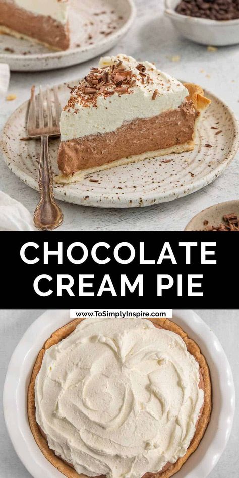 The hardest part of this rich and creamy chocolate cream pie recipe is trying not to dig in before it's set. Made with dark chocolate, cocoa powder and sweetened condensed milk, this easy dessert is perfect for all your summer gatherings! Milk Pie Recipe, Easy Chocolate Cream Pie, To Simply Inspire, Chocolate Cream Pie Recipe, Chocolate Cream Pie, Cream Pie Recipes, Easy No Bake Desserts, Chocolate Pies, The Hardest Part