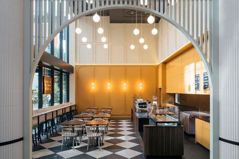 Yellow Restaurant Interior, Yellow Restaurant, Yellow Backdrop, Australian Interior, Architecture Practice, Wooden Wall Panels, Yellow Interior, Warm Yellow, Restaurant Interior Design