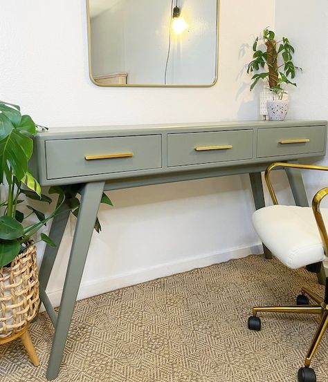 Sage Green Desk, Sage Green Furniture, Aesthetic Sage Green, Very Aesthetic, Solid Wood Design, Green Desk, Living Space Decor, Mid Century Modern Desk, Drawer Desk