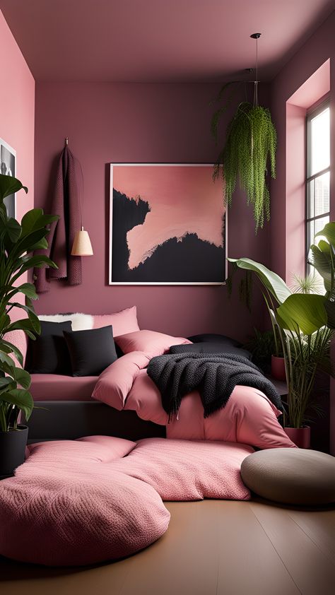 Pretty in Pink: Dreamy Bedroom Decor Ideas Blush Beauty: Chic Pink Bedroom Inspirations Pink Paradise: Creating Your Ultimate Bedroom Escape The Power of Pink: Elevate Your Bedroom Decor Tickled Pink: Stylish Bedroom Design Ideas Bright Pink Accent Wall Bedroom, Black And Blush Bedroom Ideas, Dark Green Pink Bedroom, Moody Pink Room, Earthy Dark Bedroom, Dark Cosy Bedroom Ideas, Pink And Burgundy Bedroom, Burgundy Room Ideas Bedrooms, Dusty Rose Bedroom Ideas