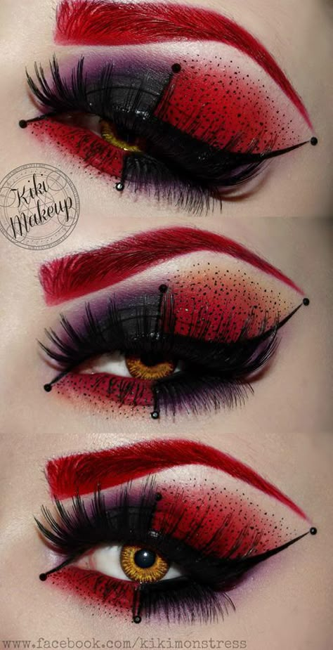 Harley Quinn inspired makeup. Red, Black, and Purple eye shadow with Red eyebrows Harley Quinn Make-up, Maquillage Harley Quinn, Bunny Eyes, Extreme Make-up, Halloween Smink, Carnaval Make-up, Pelottava Halloween, Teknik Makeup, Queen Of Hearts Makeup