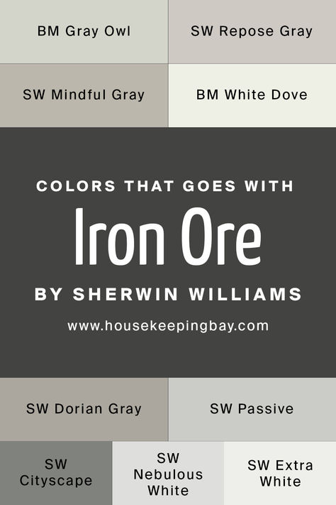 Exterior House Colors Iron Ore, Iron Ore Sherwin Williams Bathroom Vanity, Dark Interior Wall Colors, Iron Ore Sherwin Williams Exterior With White Trim, Whole House Color Palette Iron Ore, Industrial Basement Paint Colors, Sw Iron Ore Built Ins, Iron Ore Pairing Colors, Iron Ore Color Palette Accent Wall