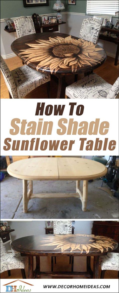 Sunflower Stained Table, Wood Table Stain Ideas, Staining A Dining Room Table, Sunflower End Table, Sunflower Coffee Table, Sunflower Wood Table, Sunflower Painted Table Top, Wood Kitchen Table Makeover, Sunflower Picnic Table