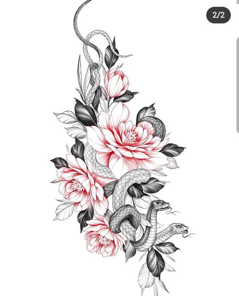 Floral Tattoo Sketch, Snake And Flowers Tattoo, Snake And Flowers, Lotusblume Tattoo, Hip Thigh Tattoos, Snake Tattoo Design, Inspiration Tattoos, Floral Tattoo Sleeve, Floral Tattoo Design