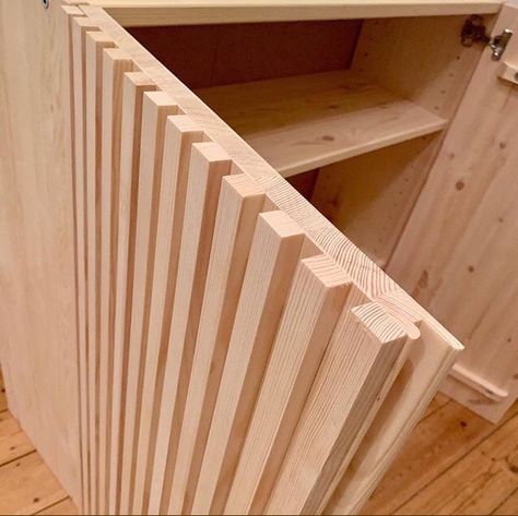 Wood Slat Cupboard Doors, Wood Slat Kitchen Cabinet Doors, Slatted Cabinet Doors, Wood Slat Cabinet Doors, Slatted Cupboard, Slatted Furniture, Slab Cabinet Doors, Diy Kitchen Cupboards, Wood Cabinet Doors