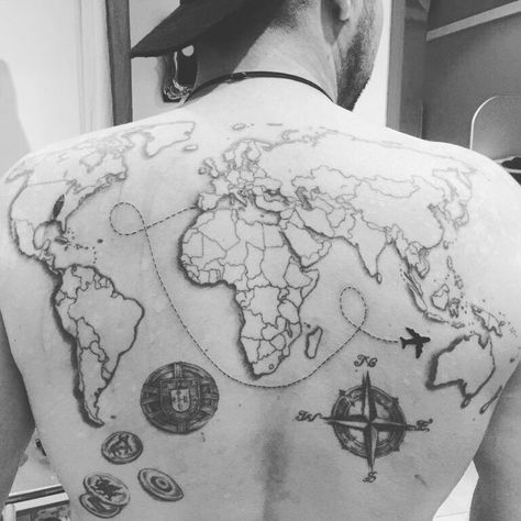 World Map Tattoo Back, World Map Tattoo Men, Cherry Blossom Tattoo Men, World Map Tattoo, Tattoo Back Tattoo, World Map Tattoos, Map Tattoo, Map Tattoos, Tattoo Back