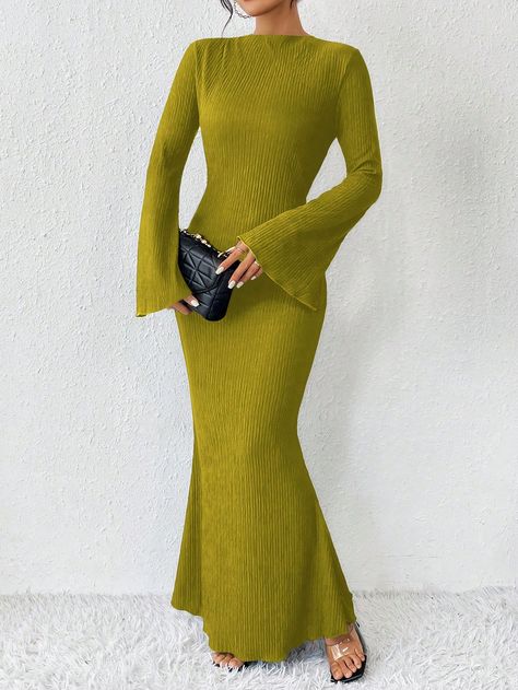 Green Elegant Collar Long Sleeve Fabric Plain  Embellished High Stretch  Women Clothing Classy Modest Dresses, College Style Outfits, Modest Long Dresses, Flared Sleeve Dress, Summer Occasion Dress, Modest Dresses Fashion, Plain Maxi Dress, 2piece Outfits, Modest Dresses Casual