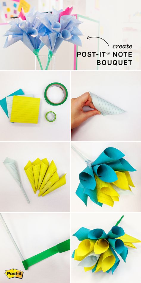 Looking to make flowers that last? Use this Post-it Note paper technique for a colorful flower centerpiece for any baby shower, wedding shower or birthday! How To Make Post It Note Flowers, Post It Note Flowers, School Centerpieces, Origami Flowers Diy, Easy Origami Rose, Sticky Note Crafts, Easy Origami Star, Origami Flower Bouquet, Paper Bouquet Wedding