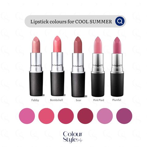 Cool Summer lipsticks are pink or plum-coloured. Avoid overly bright and warm colours - such as oranges and red. . . . #colouranalysis #coloranalysis #coolsummer #truesummer #makeup Cool Summer Color Palette Lipstick, Cool Pink Lipstick, True Summer Makeup Products, True Summer Lipstick Colors, Cool Tone Lipstick Colors, Cool Summer Lipstick Colors, Cool Summer Lipstick, Cool Summer Color Palette Makeup, Soft Summer Lipstick Colors