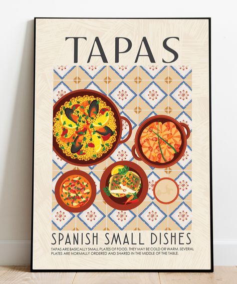 A lovely Tapas food print that would add some mid century style to any kitchen or dining wall. There are matching food prints to display as a gallery wall. Available in multiple sizes and ships worldwide. Visit our Etsy store to browse and buy a large selection of prints. Tapas Aesthetic, Matchbox Collage, Tapas Food, Kitchen Classroom, Food Prints, Spain Print, Restaurant Poster, Dining Wall, Home Office Kitchen