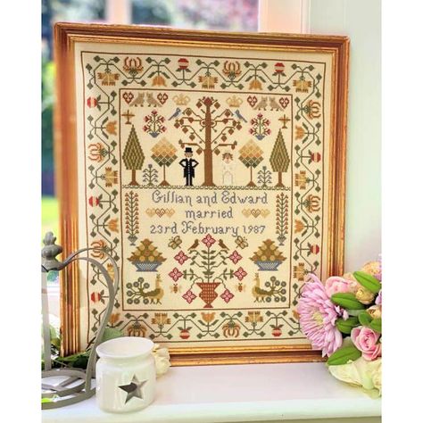 Historical Sampler Company Wedding Sampler Cross Stitch Kit - 33cm x 39cm Ukrainian Ornaments, Easter Sampler, Wedding Sampler Cross Stitch, Monochrome Embroidery, Cross Stitch Mini, Embroidery Easter, Flowers Cross Stitch Pattern, Wedding Sampler, Folk Flowers