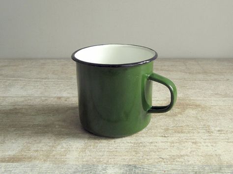 Green Enamel Mug Soviet vintage enamel cup by OldTimeGoods Country Kitchen Decorating, Trinket Collection, Green Camping, Enamel Cup, Pony Rider, Green Cups, Small Flower Pots, Metal Cups, Country Kitchen Decor