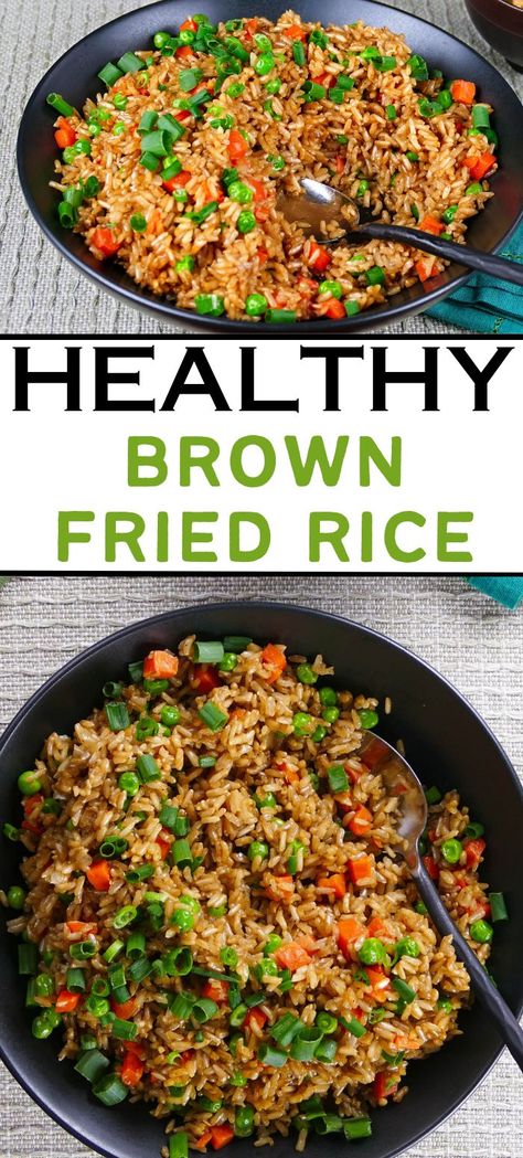 Brown bowl with fried rice and carrots, peas and green onions with text "healthy brown fried rice". Vegan Brown Rice Recipes, Asian Brown Rice, Brown Rice Side Dish Recipes, Brown Rice Instant Pot, Brown Rice Side Dish, Brown Rice Dishes, Rice Recipes Side, Healthy Brown Rice, Vegetarian Rice Recipes