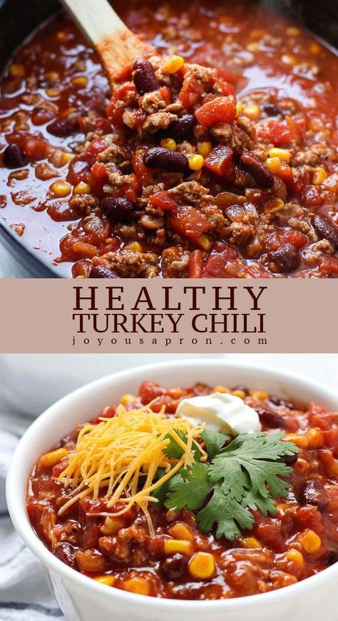 Healthy Turkey Chili - a lighter and healthy spin to the traditional chili soup recipe! The perfect one pot dinner and comfort food for busy weeknights, this soup takes 30 minutes, is full of flavor and so delicious! #turkey #chili #soup #stew #dinner #easy #healthy #glutenfree #30minutes #comfortfood #onepot #light #recipe #joyousapron Turkey Chili Soup, Healthy Turkey Chili Recipe, Chili Soup Recipe, Healthy Turkey Chili, Healthy Chili Recipe Turkey, Fall Crockpot, Ground Turkey Chili, Turkey Chili Crockpot, Chili Recipe Healthy