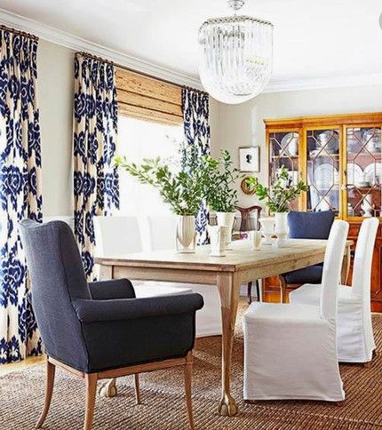 Blue And White Curtains, Ikat Curtains, Curtains Blue, Dining Room Curtains, Dining Room Blue, Dining Room Contemporary, Coastal Living Rooms, Home Decor Hacks, Custom Drapes