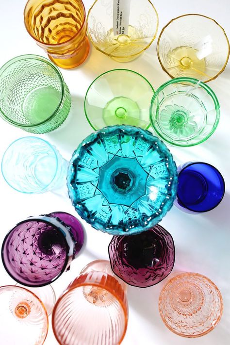 In Progress—Elsie's Rainbow Glassware Collection! Rainbow Glassware, Glassware Display, Elsie Larson, Happy Week, Colored Glasses, Colored Glassware, Bridal Musings, Colour Pop, Glassware Collection