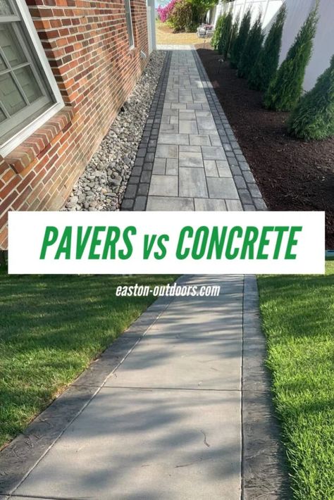 Paver Vs. Concrete Patio | What You Need to Know Driveway Pavers Extension, Concrete And Pavers, Large Concrete Pavers, Concrete Pavers Walkway, Stamped Concrete Walkway, Poured Concrete Patio, Concrete Paver Patio, Concrete Backyard, Concrete Patio Makeover