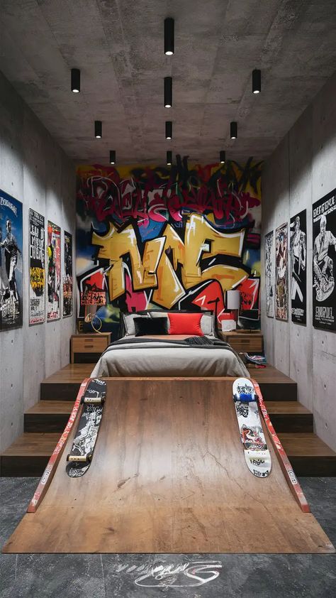 20 Skater Room Ideas for the Ultimate Skateboarder Haven - Roomrhythm Skater Room Ideas, Skate Room, Skateboard Bedroom, Skater Room, Skateboard Display, Rhythm Design, Skateboard Room, Skateboard Decor, Skate Aesthetic