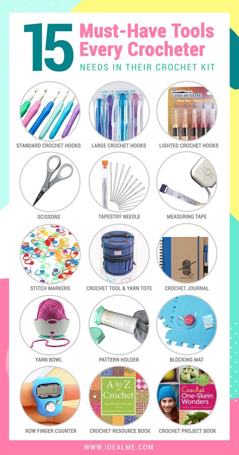 Here's 15 Must Have Tools Every Crocheter Needs. We’ve compiled a list of all the must-have tools that every crocheter should have in their crochet kit. See what crochet tools you need to add to your kit now. #idealme #15musthaves #crochetlove Large Crochet Hooks, Crochet Classes, Crochet Hack, Beginner Crochet Tutorial, Crochet Tools, Crochet Supplies, Crochet Business, Crochet Stitches For Beginners, Must Have Tools