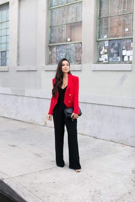 Red Jumpsuit With Blazer, Red Blazer Women Outfit, Red And Black Blazer Outfit, Jumpsuit And Blazer Outfits Formal, Styling Red Blazer, Black Jumpsuit And Blazer Outfit, Red Blazer Outfit Black Women, Red And Black Outfits For Women Classy Business Casual, Red Outfit Office