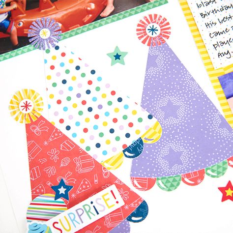 Birthday Scrapbook Layouts, Birthday Scrapbook Pages, Traditional Scrapbooking, Scrapbook Paper Designs, Party Icon, Paper Candle, Birthday Collection, Birthday Scrapbook, Confetti Dots