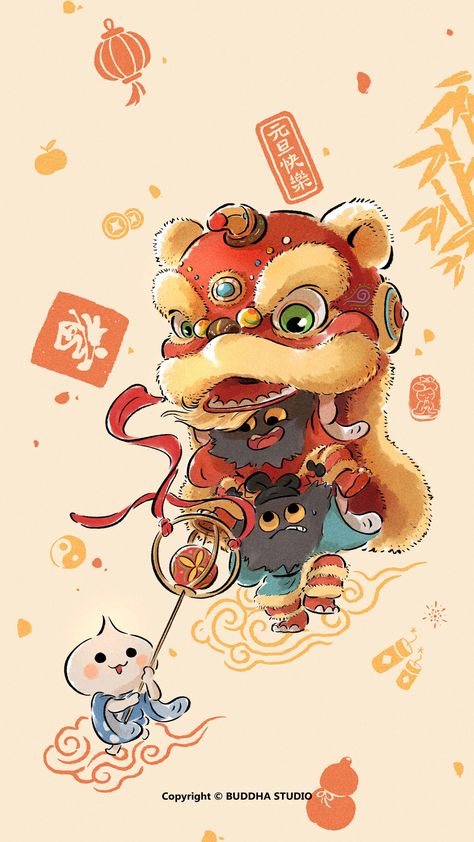 Buddha Animation, Chinese New Year Wallpaper, New Year's Drawings, Chinese Illustration, Chinese New Year Design, New Year Illustration, New Year Art, Creation Art, Lion Dance