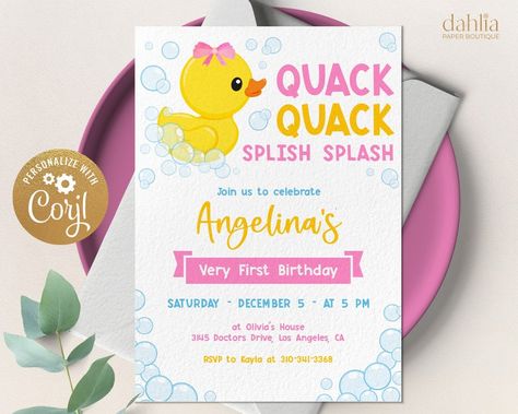 Duck Theme Birthday Invitations, Duck One Year Old Party, Rubber Ducky Birthday Party Girls Pink, Duck First Birthday Girl, Duck Birthday Invitations, Duck Themed 1st Birthday, Rubber Duck Birthday Party, Duck Birthday Theme, Duck Birthday Party