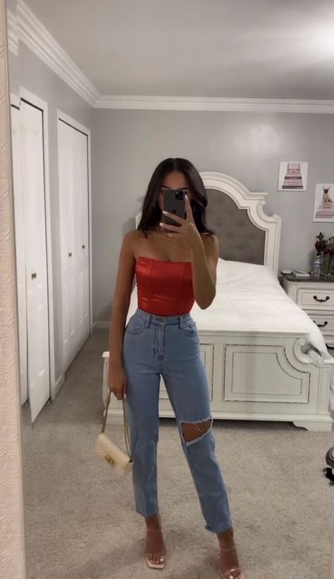 757f843a169cc678064d9530d12a1881desc53039203ri Corset And Jeans Outfit, Black Corset Top Outfit, Red Corset Outfit, Corset Top And Jeans, Red Heels Outfit, Red Top Outfit, Corset And Jeans, Corset Top Outfit, Latest Clothing Trends