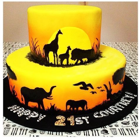 Silhouette Cakes, Sunset Cake, Africa Cake, African Cake, Lion King Cake, 3d Dort, Airbrush Cake, Jungle Theme Cakes, 25th Bday