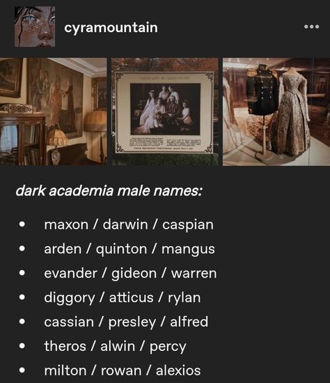 Dark Academia Male Names, Academia Names, Fictional Names, Dark Academia Names, Anime Rooms, Fantasy Character Names, Writing Inspiration Tips, Writing Plot, Best Character Names