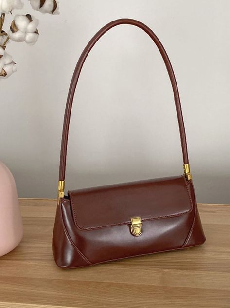 Olivia Mark - Minimalist Push Lock Baguette Bag - Women Shoulder Bags Color: Coffee Brown,Style: Elegant,Pattern Type: Plain,Bag Size: Small,Quantity: 1 piece,Type: Baguette Bag,Composition: 100% Polyurethane,Material: PU Leather attr_name: , Bag Width: 3.5 inch, Bag Height: 4.7 inch, Bag Length: 9.1 inch Home/Bags/Wom Small Brown Shoulder Bag, Small Brown Bag, Brown Purses And Handbags, Cute Small Bags, Leather Small Bag, Classy Purses, Inch Bag, Woman Bag, Trendy Shoulder Bag