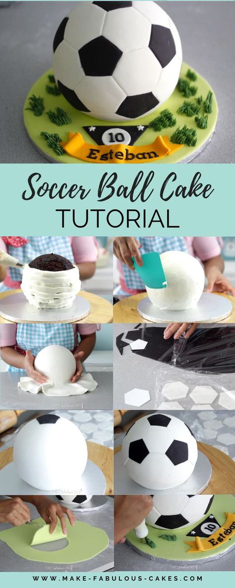 Soccer/ Football Cake Tutorial by Make Fabulous Cakes Food Ball Cake, 3d Soccer Ball Cake, Soccer Party Cake Ideas, Soccer Fondant Cake, Easy Football Cake Ideas, How To Make A Soccer Ball Cake, Soccer Cake Diy, Soccer Smash Cake, Soccer Ball Cake Ideas