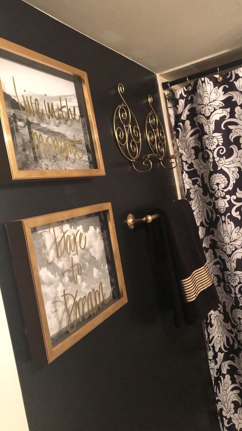 Black and Gold Bathroom #sherwinwilliams #tricornblack #bathroomideas #blackbathroom Black And Gold Restroom, Black Gold And White Bathroom, White And Gold Bathroom Ideas, Black White And Gold Bathroom, Black And Gold Bathroom Decor, Gold Bathroom Ideas, White And Gold Bathroom, Bathroom 2024, Beautiful Bathroom Decor