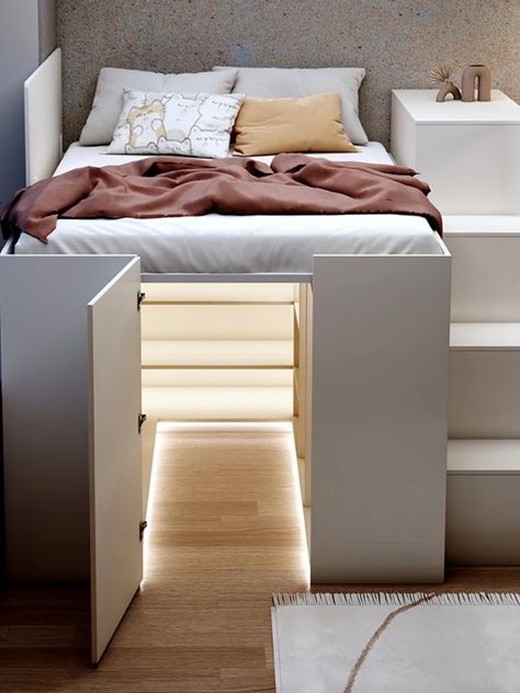 Apartment Functional Bed with Light Bed with Wardrobe Pneumatic Rod Elevated Bed Cabinets under Bed Cloakroom Bed Integrated - AliExpress Adult Elevated Bed, Bed Integrated Wardrobe, Elevated Queen Bed With Storage, Wardrobe Under Bed, Corner Bed Frame, Houseboat Ideas, Suspended Bed, Functional Bed, Bed With Wardrobe