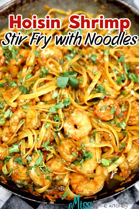 Hoisin Shrimp Stir Fry with noodles is a delicious dinner for busy weeknights. Loaded with amazing flavors and homemade hoisin sauce. Shrimp Stir Fry With Noodles, Shrimp Noodle Stir Fry, Hoisin Shrimp, Recipes With Hoisin Sauce, Homemade Hoisin Sauce, Stir Fry With Noodles, Stir Fry Shrimp Recipes, Rice Noodles Stir Fry, Shrimp Noodles