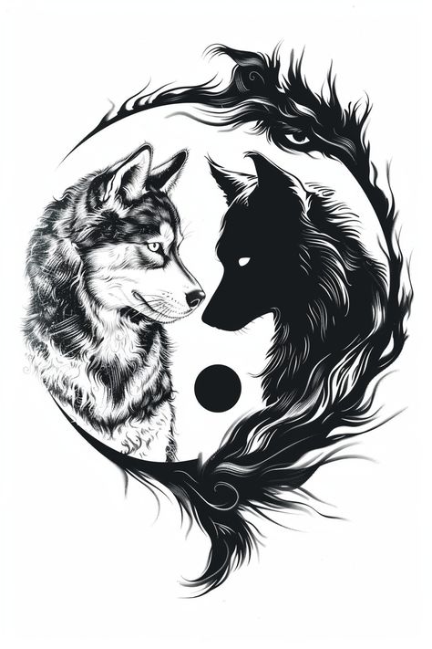 Dragon Yin And Yang, Black Wolf Tattoo For Women, Mystical Wolf Tattoo, Wolf Yin Yang Tattoo, Stylish Tattoos For Men, Tattoo Design Drawings Unique, Wolf Pack Tattoo, Wolf And Moon Tattoo, Cat Graphic Art