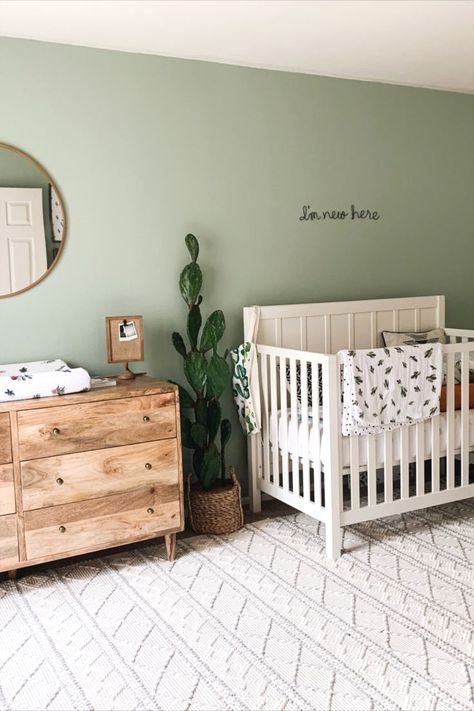 Gender Neutral Nursery Plants, Nursery Pallet Ideas Colour Palettes, Nursery Room Colors Neutral, Nursery Ideas Neutral Green, Beige And Green Nursery, Green Theme Nursery, Green Girl Nursery Ideas, Green Baby Nursery Boy, Desert Nursery Boy