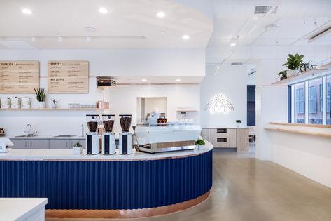 Wonderstate Coffee — DESIGN IN COFFEE. Blue Cafe Design, Blue Coffee Shop, White Coffee Shop, Driftless Area, Blue Cafe, Environmental Graphic Design, Mental State, Glass Facades, Blue Colour Palette