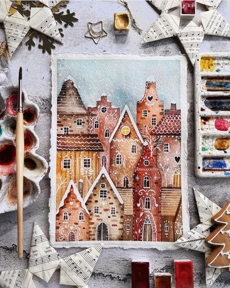 Gingerbread House Watercolor Painting, Christmas Sketch Ideas Creative, Christmas Pen Drawing, Christmas Card Ideas Watercolour, Christmas Watercolour Painting, Christmas Aesthetic Drawing, Christmas Card Aquarell, Christmas Aquarell, Watercolor Village