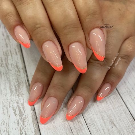 Coral Nail French Tips, Coral French Tips Nails, Coral Nails Almond Shape, Orange Tip Almond Nails, Cute Neon Nails Summer Almond, Orange Oval Acrylic Nails, Salmon French Tip Nails, Neon French Almond Nails, Neon Orange Acrylic Nails Almond