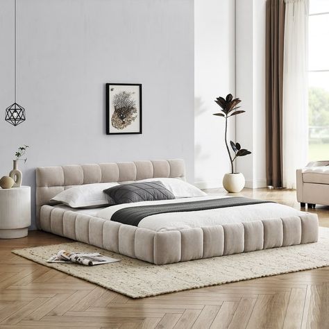 86.5" Queen Size Upholstered Bed Frame with Thick Fabric, Grounded Platform Bed with Headboard - Bed Bath & Beyond - 40865274 Upholstered Beds Beige, Cloud Bed Frame, Fabric Bed Frames, Modern Queen Bed Frame, Upholstered Platform Bed King, Cali King Bed, Soft Headboard, Low Bed Frame, Fabric Upholstered Bed