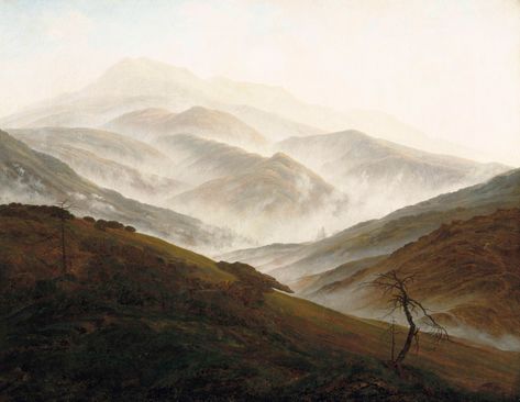 Mountain with Ascending Mist by Caspar David Friedrich Caspar David Friedrich Paintings, David Friedrich, Gustave Dore, Amedeo Modigliani, Caspar David Friedrich, Johannes Vermeer, Paul Gauguin, Oil Painting Reproductions, Caravaggio