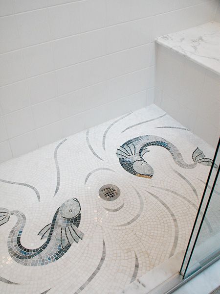 Tapeti Clair Fish Mosaic - Artsaics Shower Tile Mosaic, Fish Bathroom Decor, Fish Mosaic, Bathroom Mosaic, Custom Mosaic Tile, Shower Mosaic, Tile Options, Mosaic Bathroom, Mosaic Murals