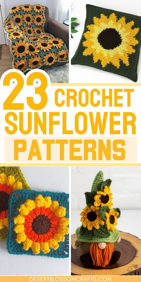 crochet sunflower patterns Sunflower Crochet Blanket, Sunflower Crochet Pattern, Crafted Flowers, Granny Square Pattern Free, Sunflower Crochet, Sunflower Crafts, Sunflower Pillow, Fall Crochet, Crochet Granny Square Blanket