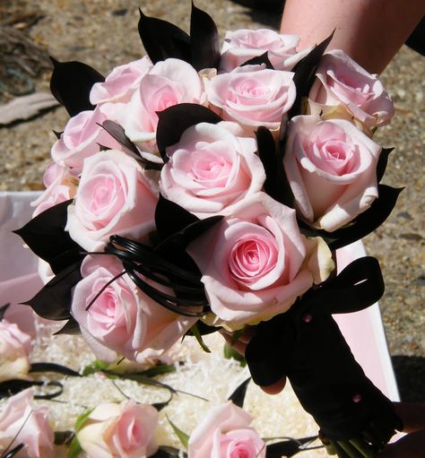 Soft Baby Pink Roses with Black accent foliage Pink Gothic Wedding, Black And Pink Quinceanera Theme, Pink And Black Birthday Theme, Pink And Black Sweet 16 Party Ideas, Pink And Black Quinceanera, Pastel Pink And Black Aesthetic, Pink And Black Bouquet, Pink And Black Wedding Dress, Pink And Black Party Theme