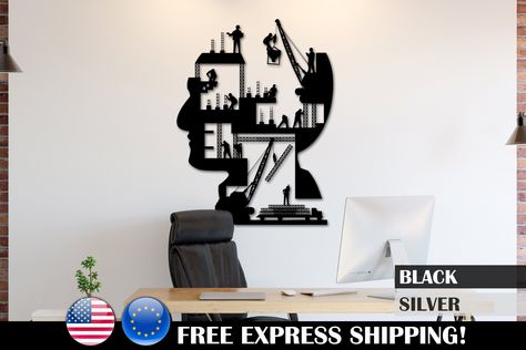 "Construction Workers Metal Wall Art is a wonderful metal decoration gift for you and best product for your home, or the best gift for her/him who loves modern metal design home decoration. * Dimensions & Weight - 14.96\" x 19.69\" inches / 38cm x 50cm - Package Weight: 1,3 kg - 17.72\" x 23.62\" inches / 45cm x 60cm - Package Weight: 1,8 kg - 23.62\" x 31.50\" inches / 60cm x 80cm - Package Weight: 3,4 kg ⚠️ All products have two different measurement units as cm / inch. ✔️ Send us a message fo Construction Office Decor, Engineer Office, Lab Decor, Wall Art Architecture, Wall Architecture, Architecture Artwork, Metal Front Door, Steel Wall Art, Construction Birthday Party