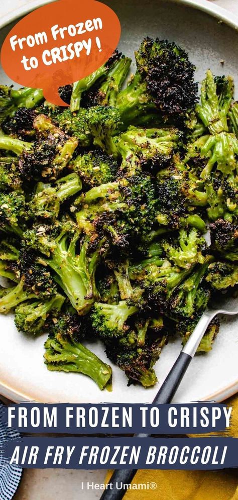 Air fryer frozen broccoli with 0 prep time and crispy! Simply put frozen broccoli in an air fryer for a crispy healthy side dish in no time! #airfried #airfryerrecipes #airfryerfrozenbroccoli #frozenbroccoli #sidedish Frozen Broccoli Recipes, Broccoli Cooked, Oven Roasted Broccoli, Roast Frozen Broccoli, Air Fryer Broccoli, Budget Friendly Dinner Recipes, Cottage Recipes, Parmesan Broccoli, Frozen Broccoli